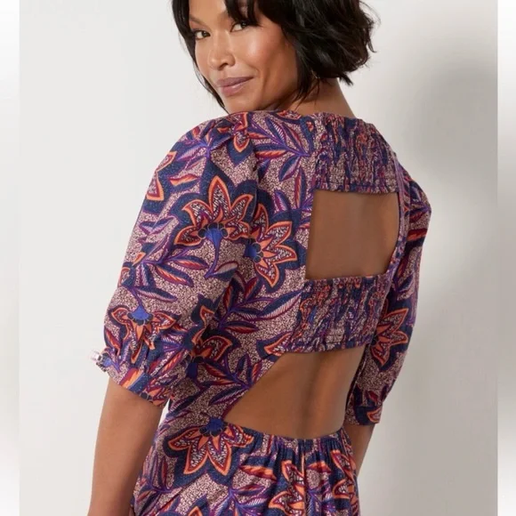 Evereve Noelle Open Back Floral Maxi Dress‎ Size S Puff Sleeve Cotton - Picture 2 of 12